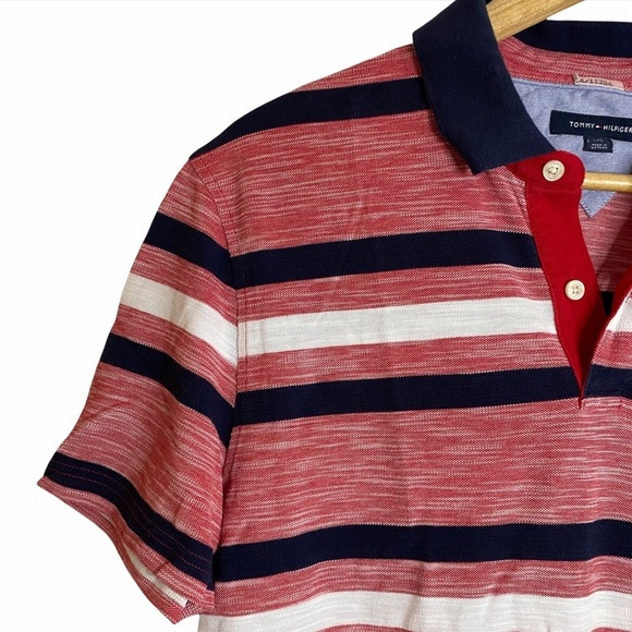 Tommy Hilfiger Polo Red White Black Stripes Cotton Golf Shirt Large L Preppy - Picture 6 of 12
